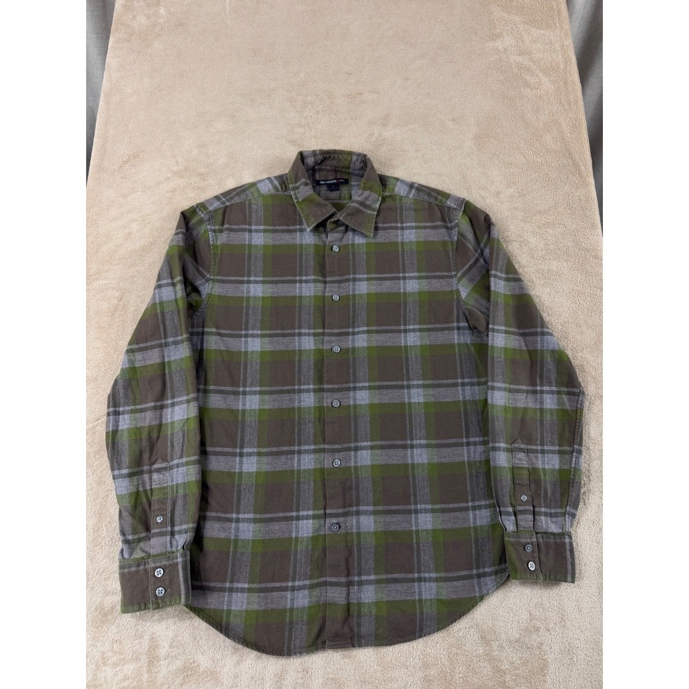 John Varvatos USA Shirt Mens Size Medium Green Brown Grey‎ Plaid Long Sleeve EUC